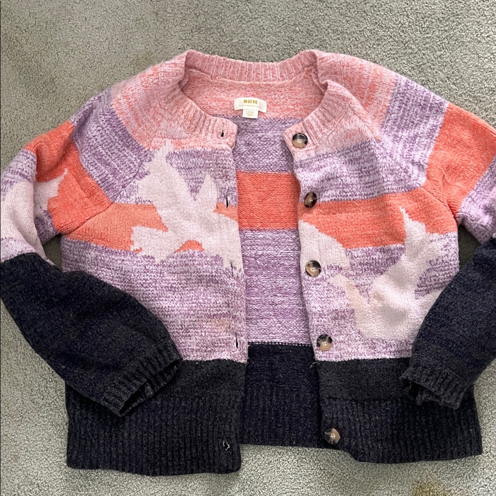 Maeve Anthropologie Striped Bird Cardigan HTF Rare Coral Lavender Black Large L